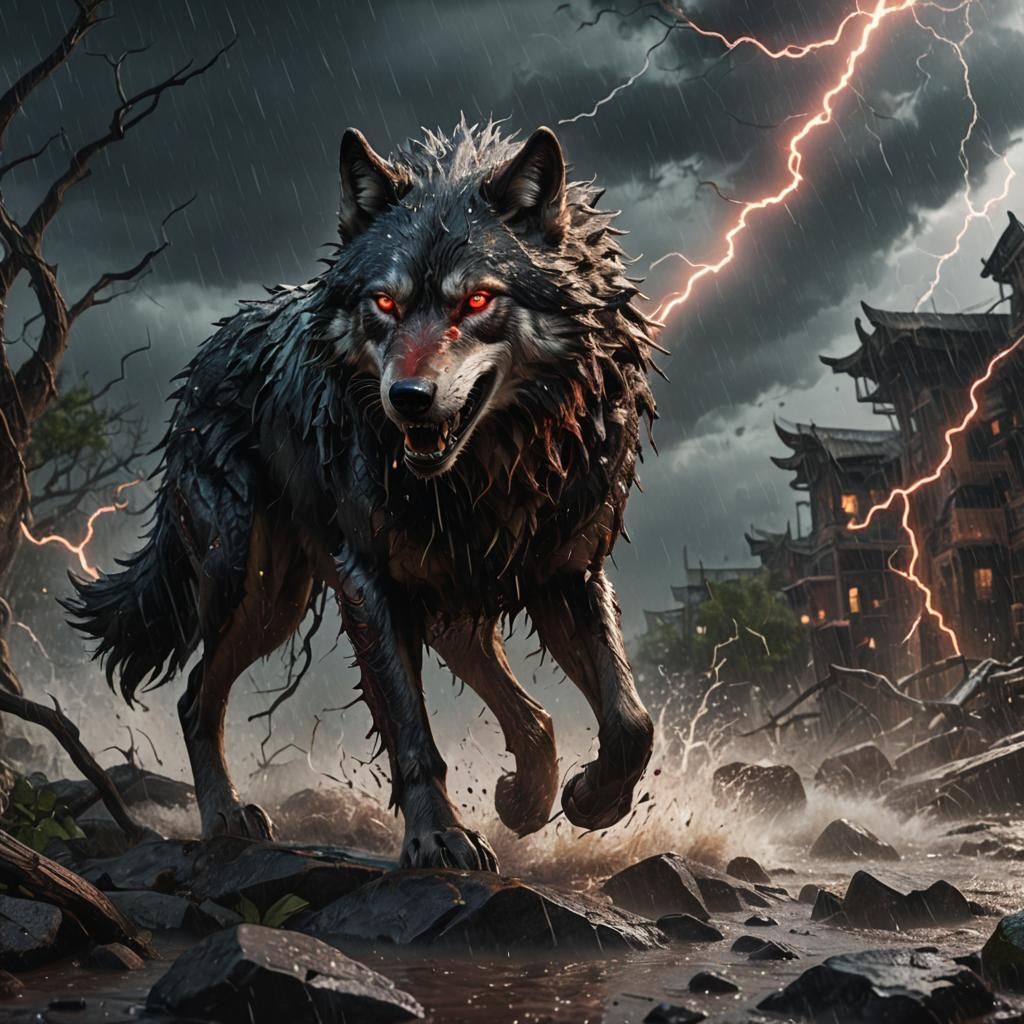 Menacing Blood-Covered Wolf in Thunderstorm: Digital Art