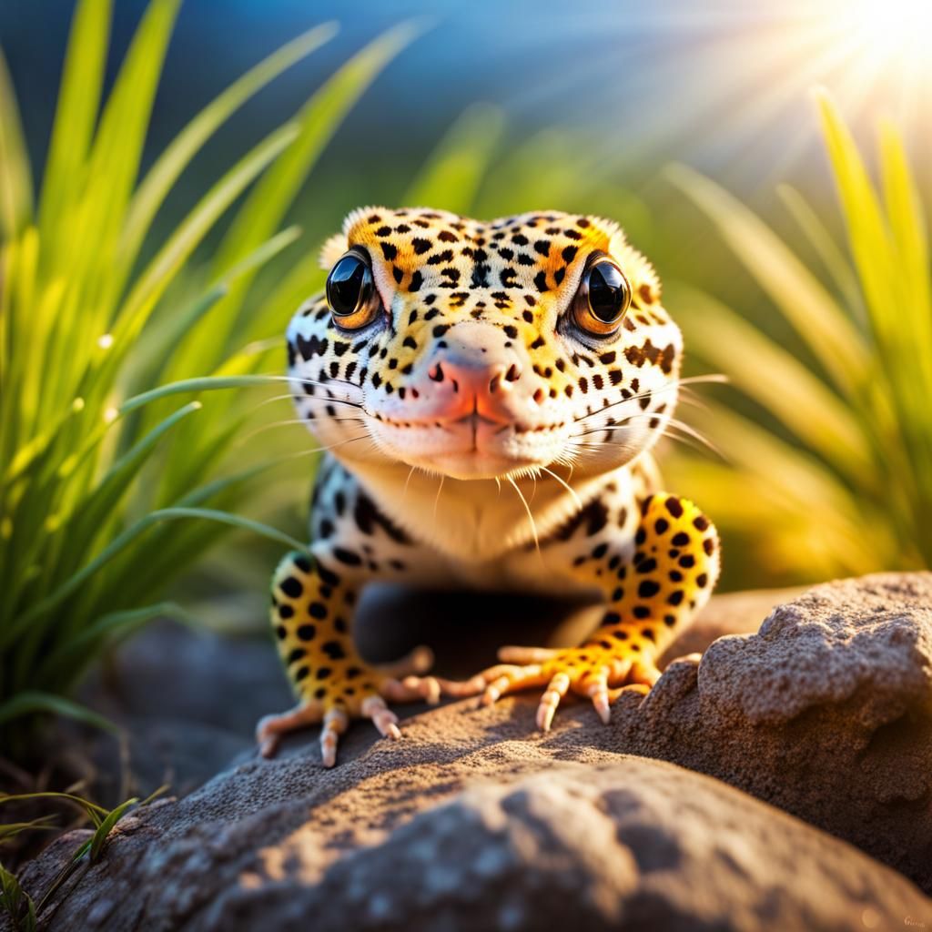 Smiling Leopard Gecko on Heart Rock in Sunlight