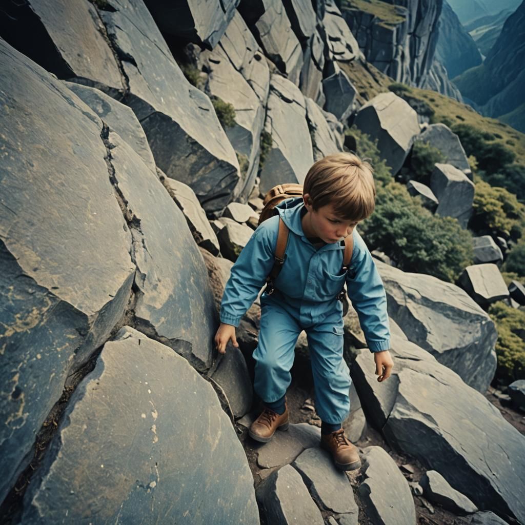 Children in Retro Blue Overalls Climbing Stone