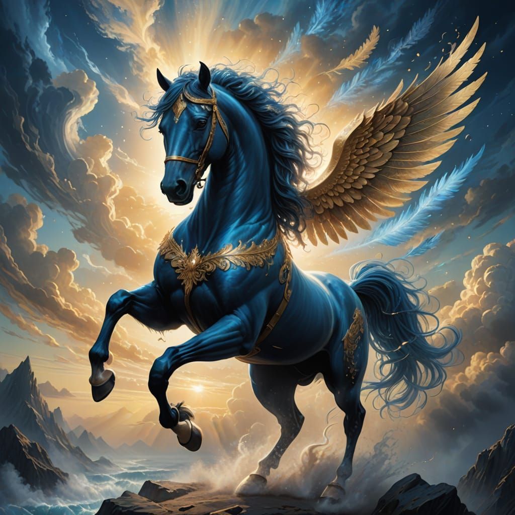 Whimsical Winged Horse in Ethereal Landscape