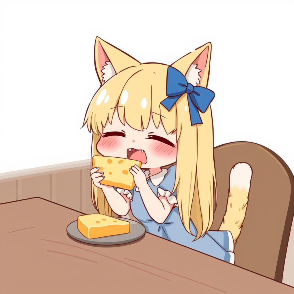 Anime Catgirl's Blissful Cheese Moment