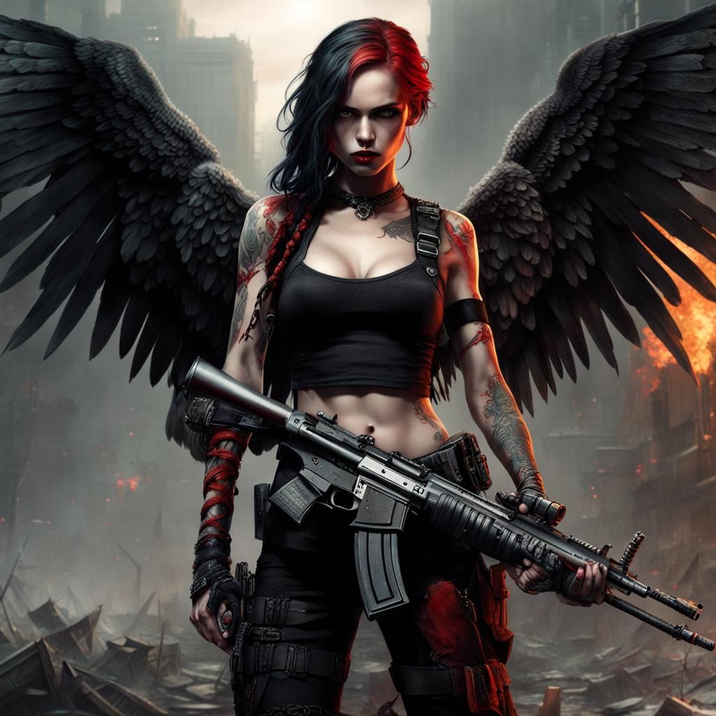 Dystopian Zombie Warrior Angel in Post-Apocalyptic Landscape