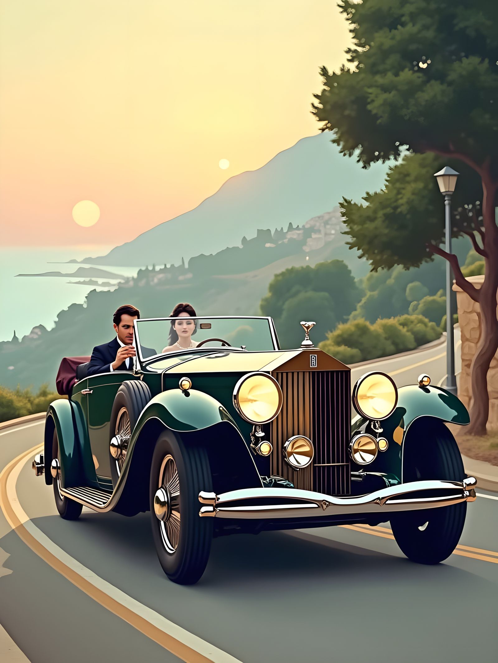 Vintage Rolls-Royce Cruises Monte Carlo in Sunset Glow