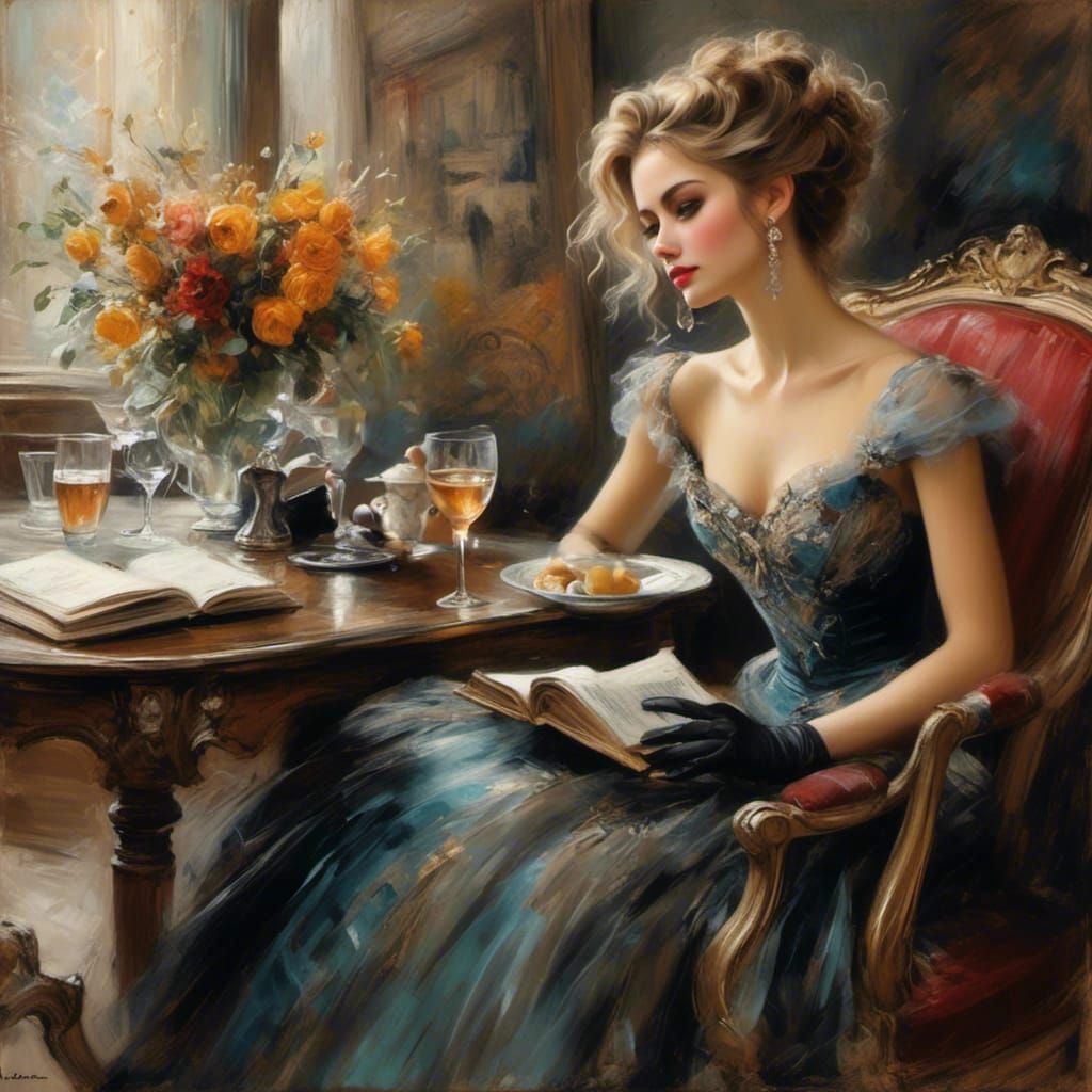 Victorian Woman in Library Chalk Art