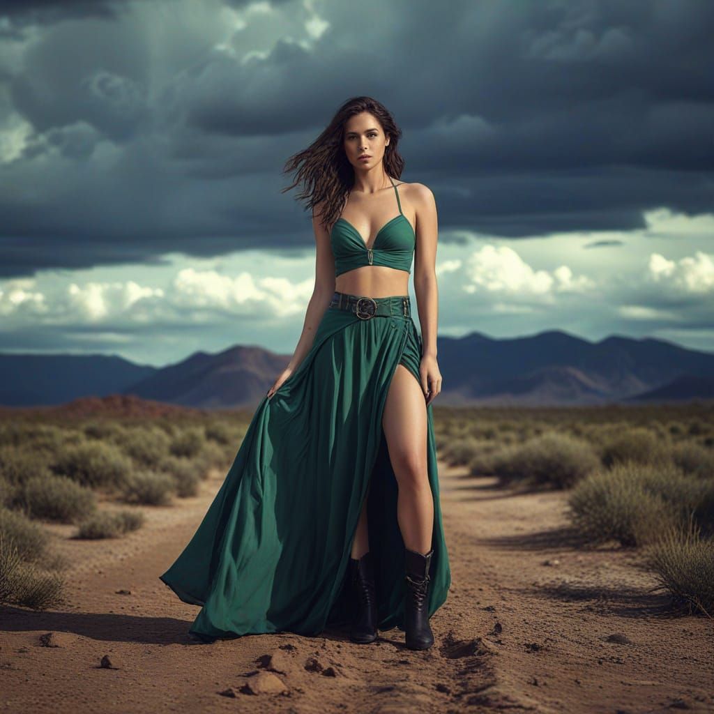 Ethereal Desert Goddess in Green Bikini and Skirt