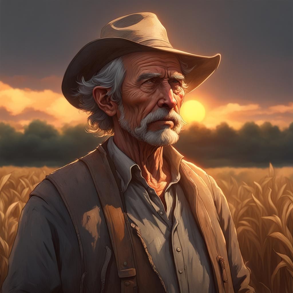 Discouraged Farmer in Field, Hyperdetailed Digital Portrait