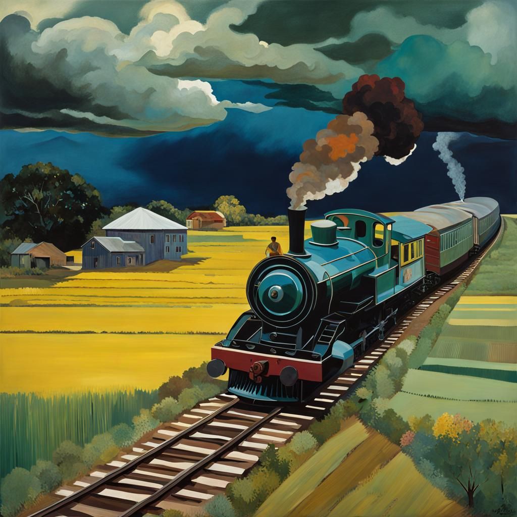 Train Amidst Stormy Field, Imaginative Art Style