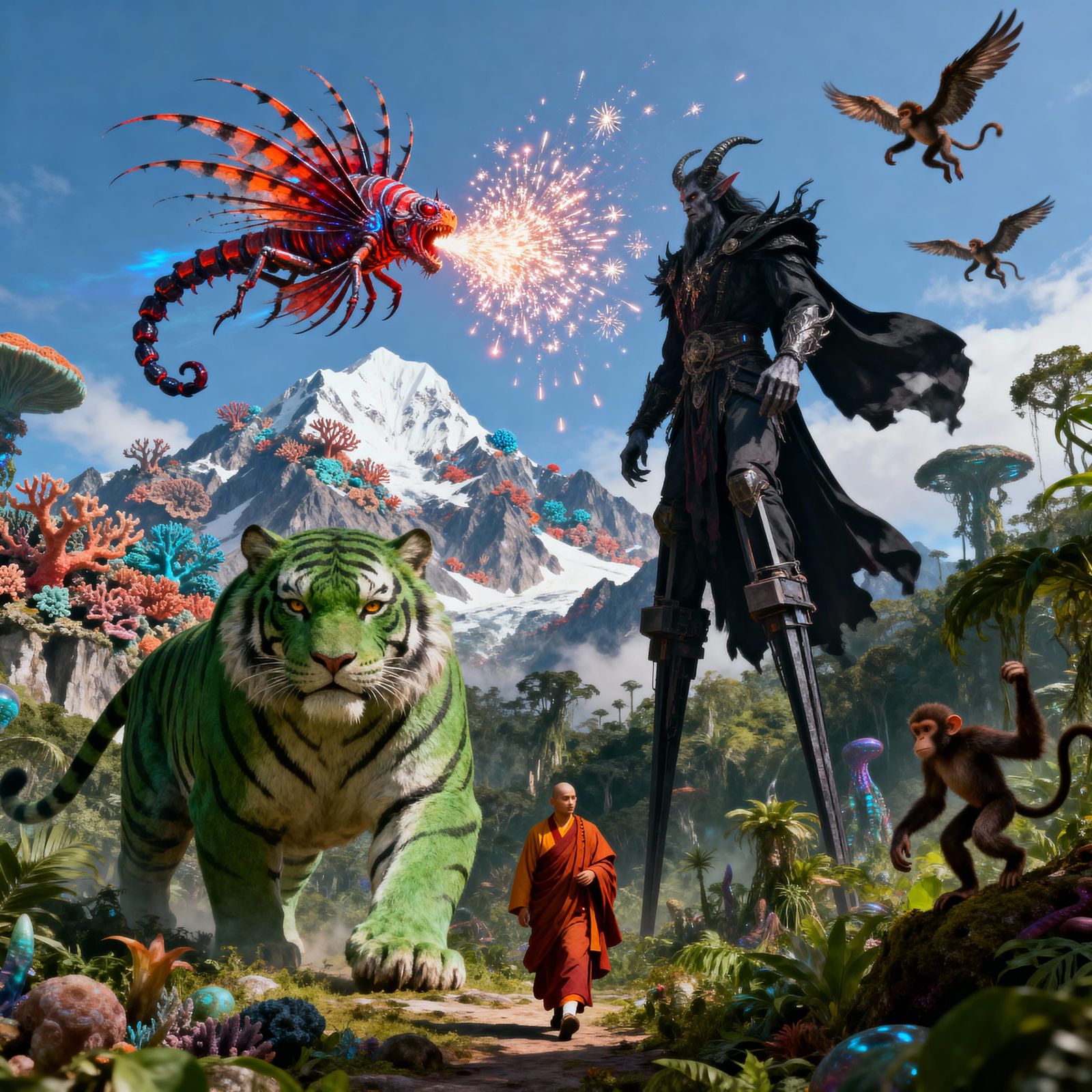 Alien Lionfish Scorpion Hybrid Over Alps Mountains