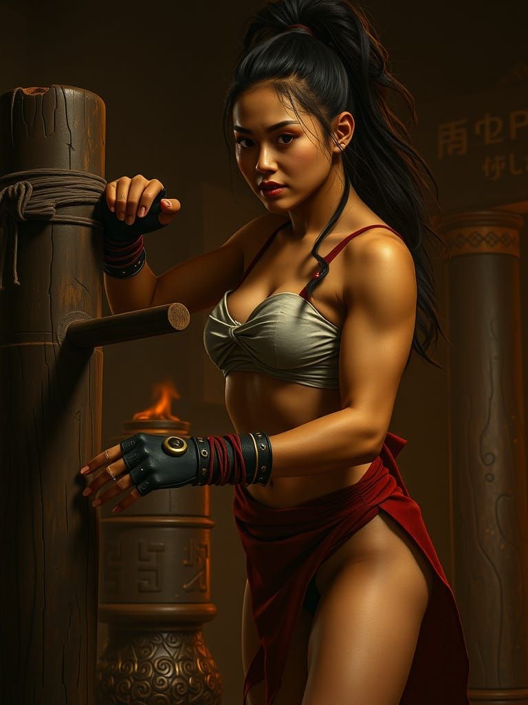 Female Shaolin Warrior Training in Firelit Temple