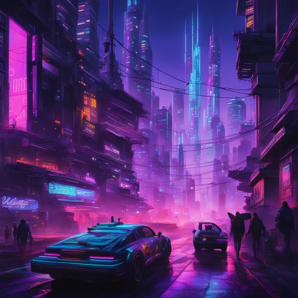 Cyberpunk Cityscape at Twilight: Neon and Holographic Art