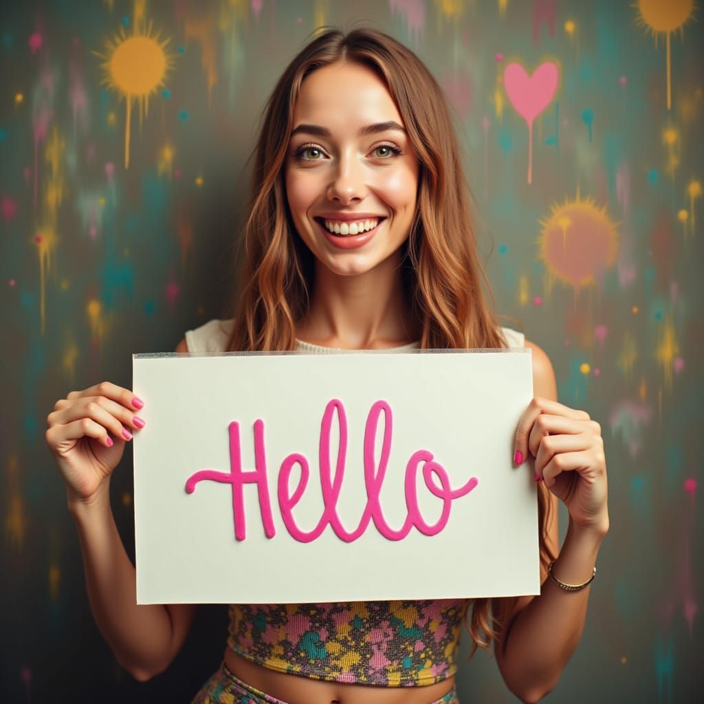 Beautiful Woman Smiling With 'Hello' Sign