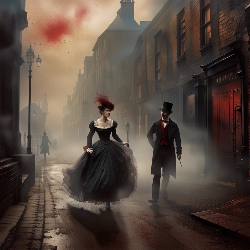 Victorian Woman's Desperate Flight in Misty London Street