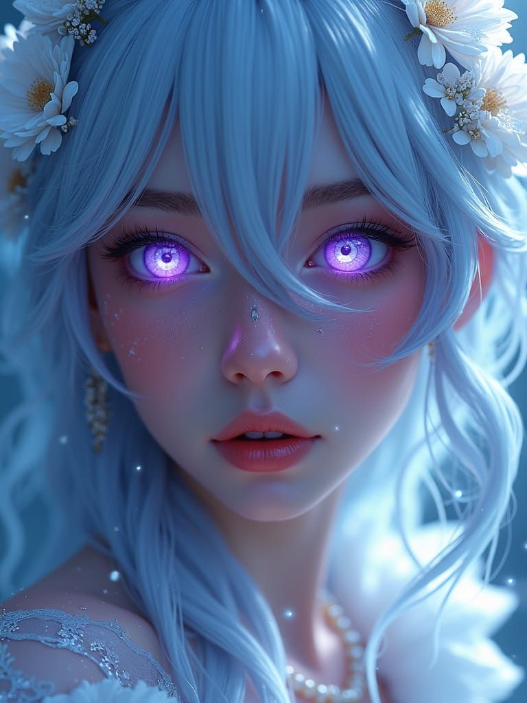 Ice Queen Portrait with Violet Eyes and Flowers