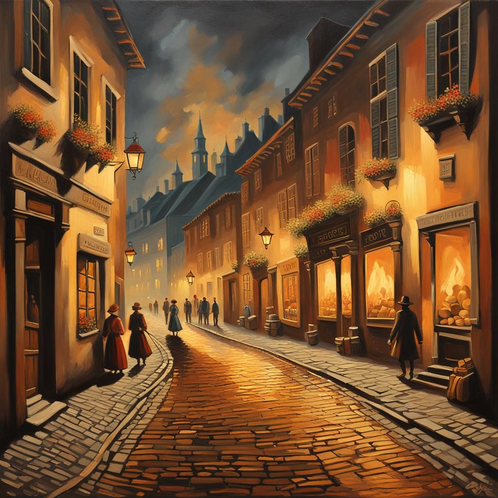 Baroque Street Scene at Night as Oil Painting