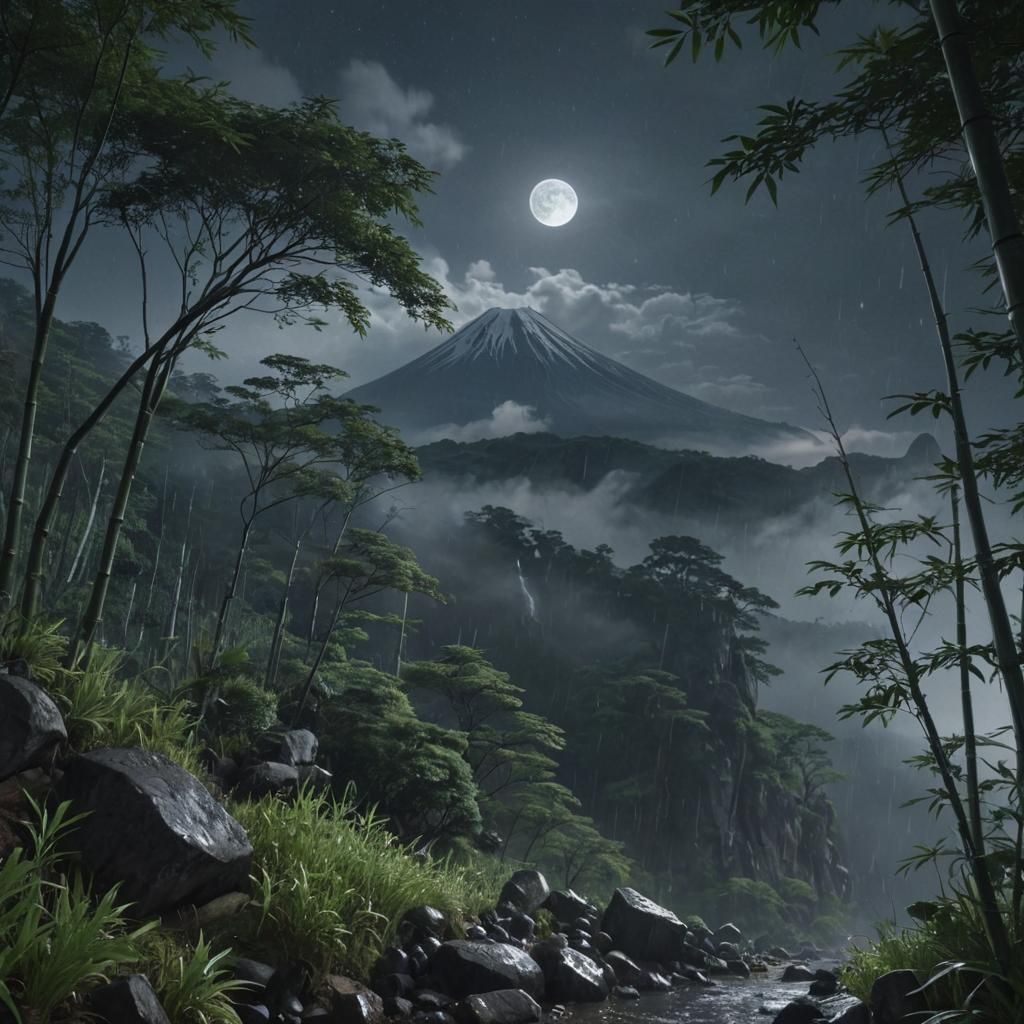 Hyperrealistic Mt. Fuji Landscape with Rain and Moon
