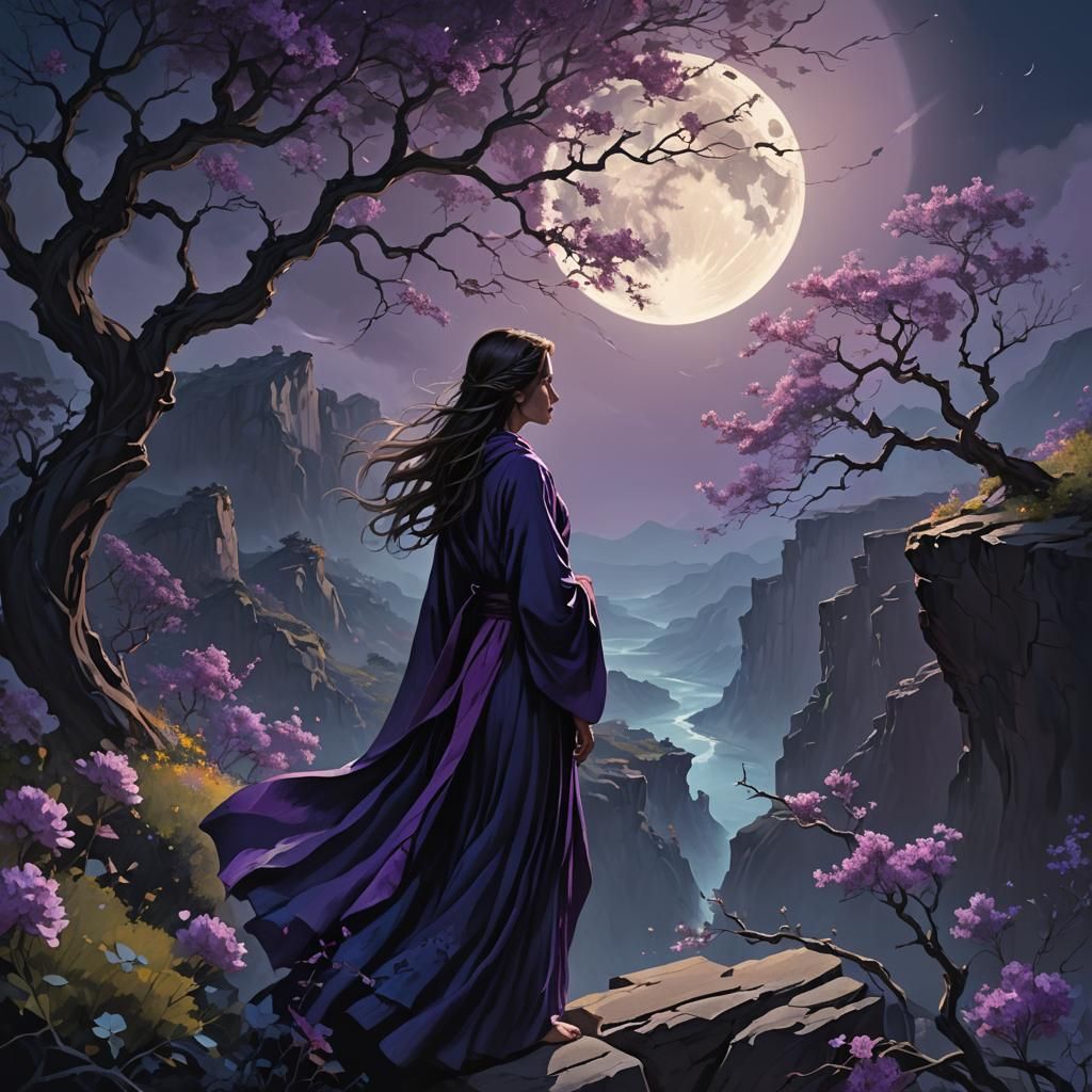 Woman on Cliff Overlooking Flower Chasm in Dark Fantasy