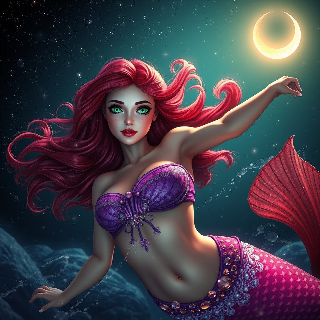 Red-Haired Mermaid in Bioluminescent Ocean, High-Fantasy Con...
