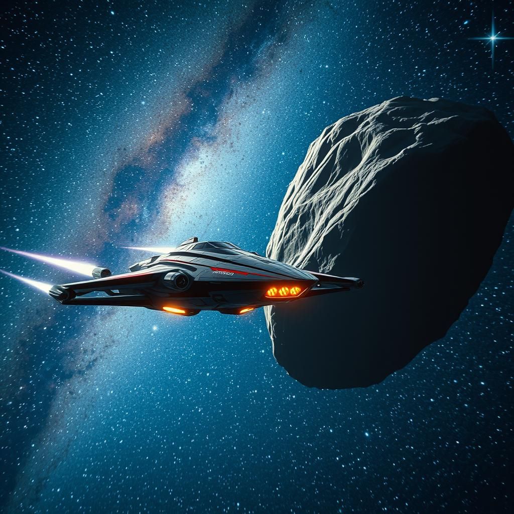 Spaceship Approaching Meteor in Starry Galaxy