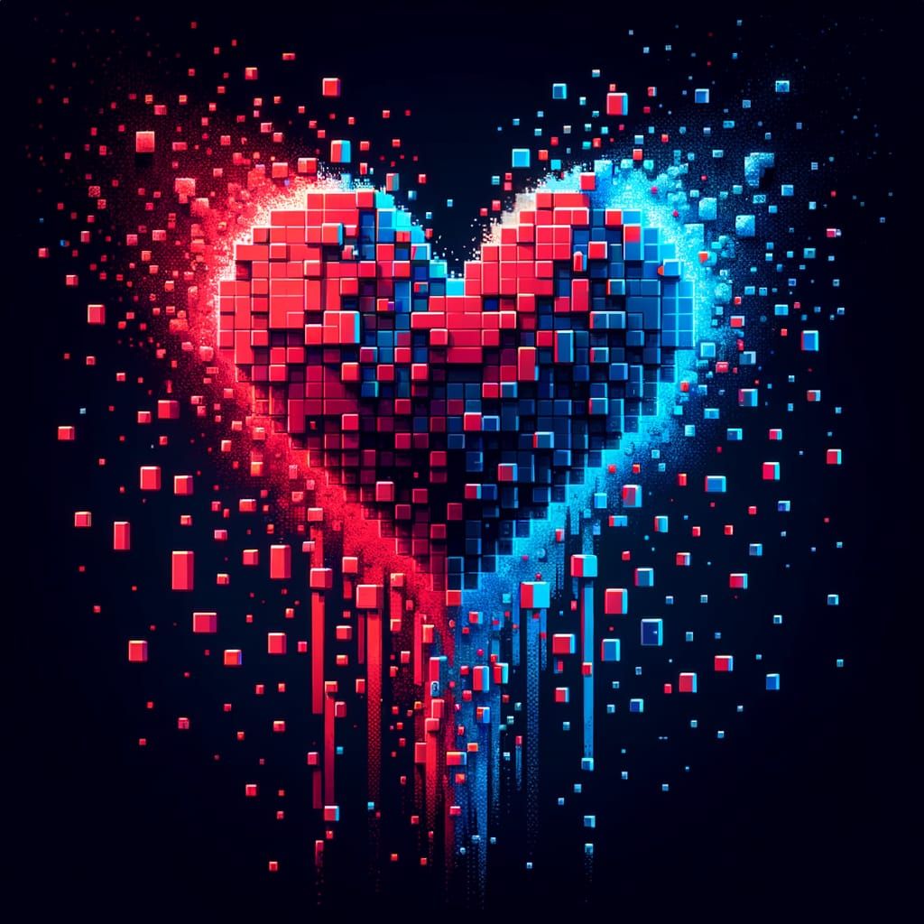 Pixelated Heart Shattered into Blue Pixels on Black Backgrou...