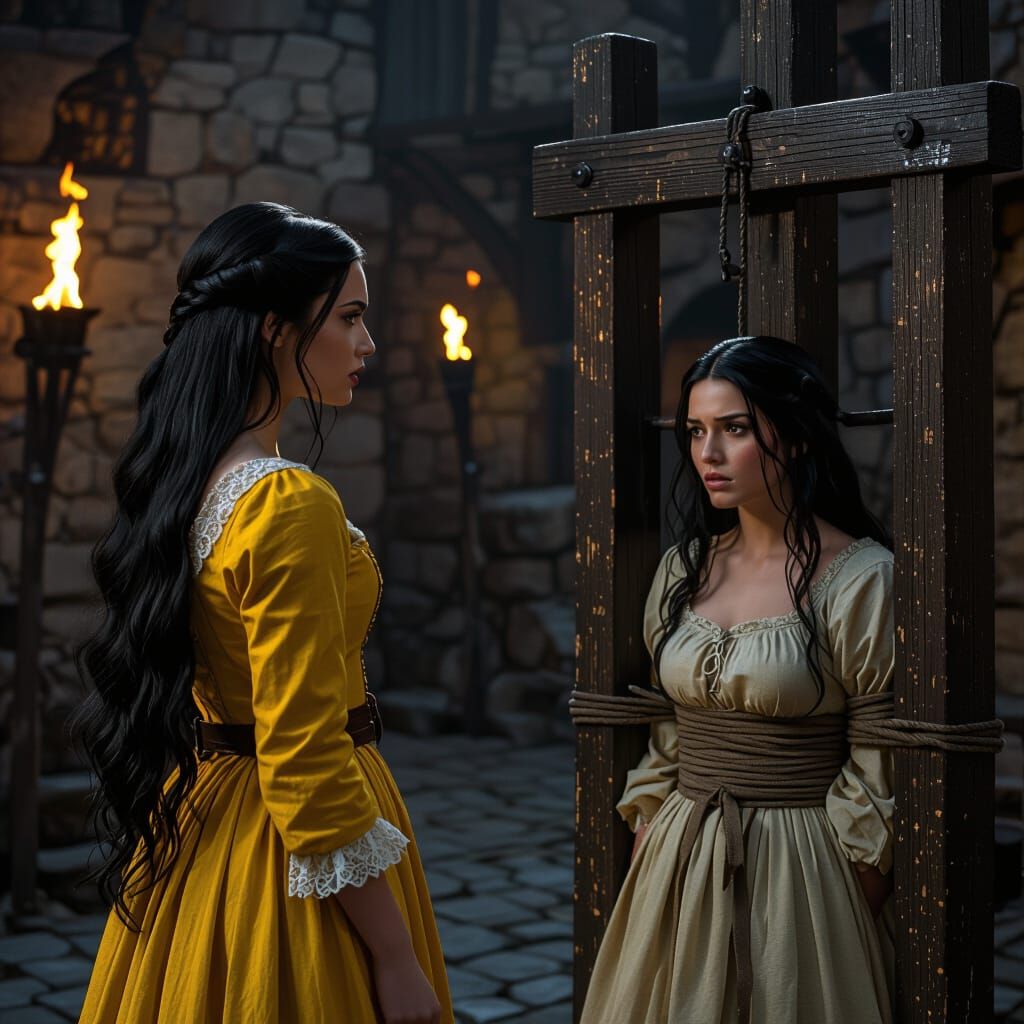 Cinematic Medieval Scene: Woman in Yellow Dress Watches Pill...
