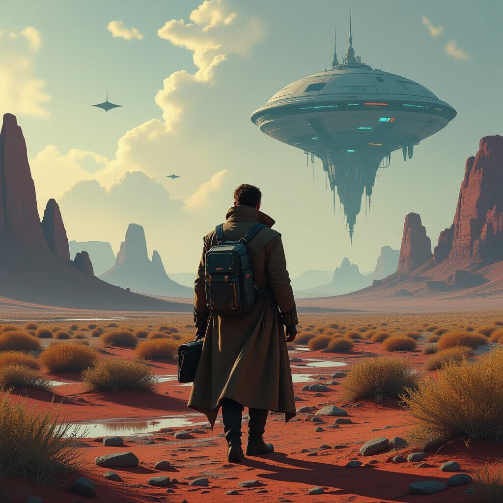 Lone Figure in a Retro-Futuristic Alien Landscape