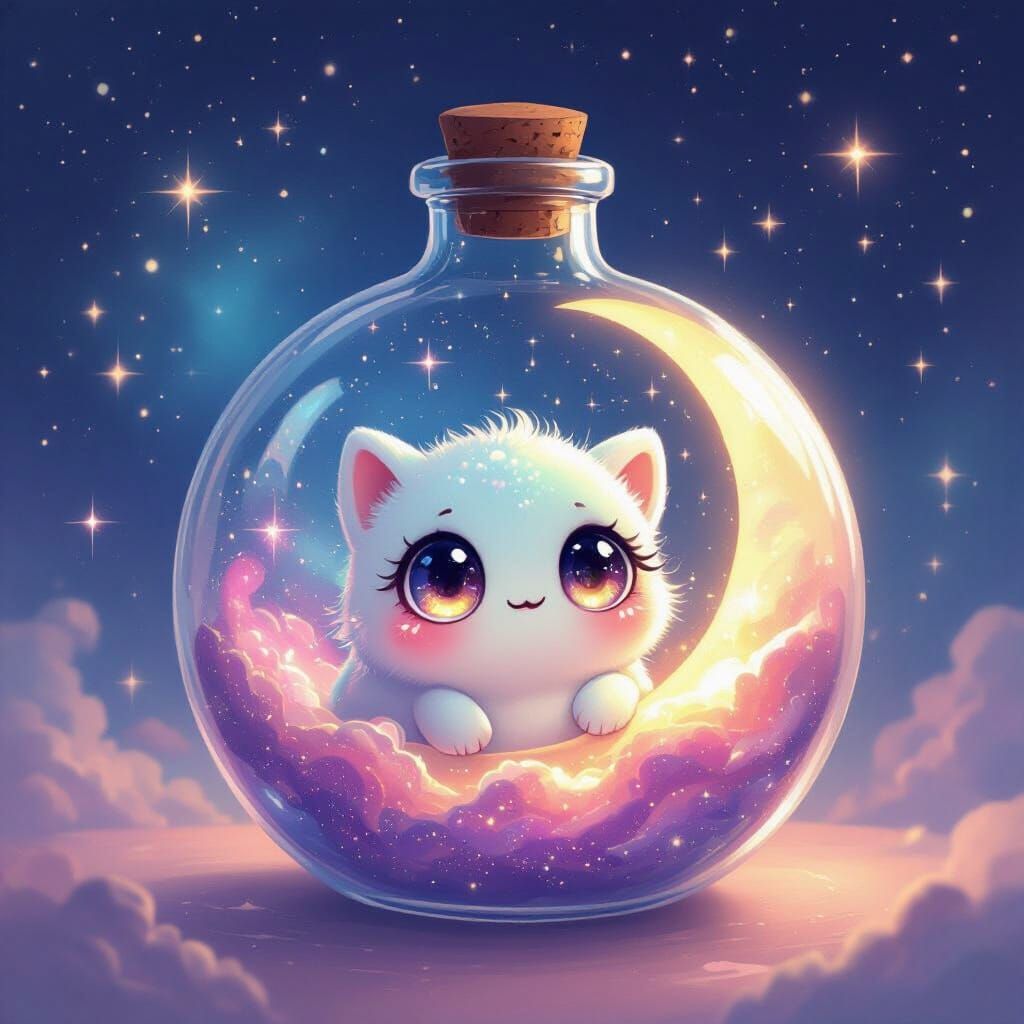 Kawaii Galaxy Creature in Crescent Moon Bottle