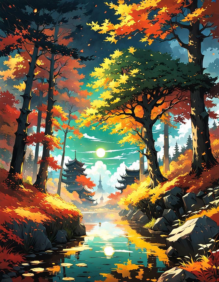 Dark Fantasy Autumn Scenery in Anime Manga Style