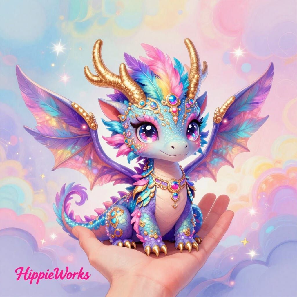 Adorable Chibi Rainbow Dragon in Whimsical Hand-Drawn Style
