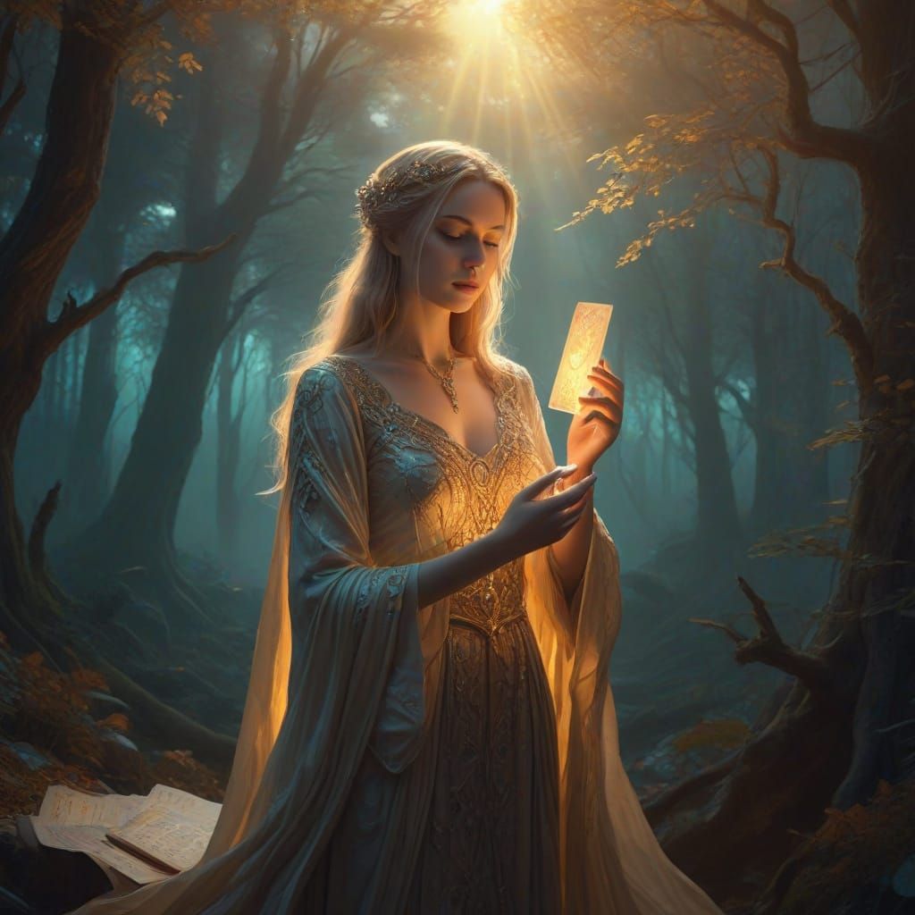 Mystical Woman in a Dreamlike Tarot Scene
