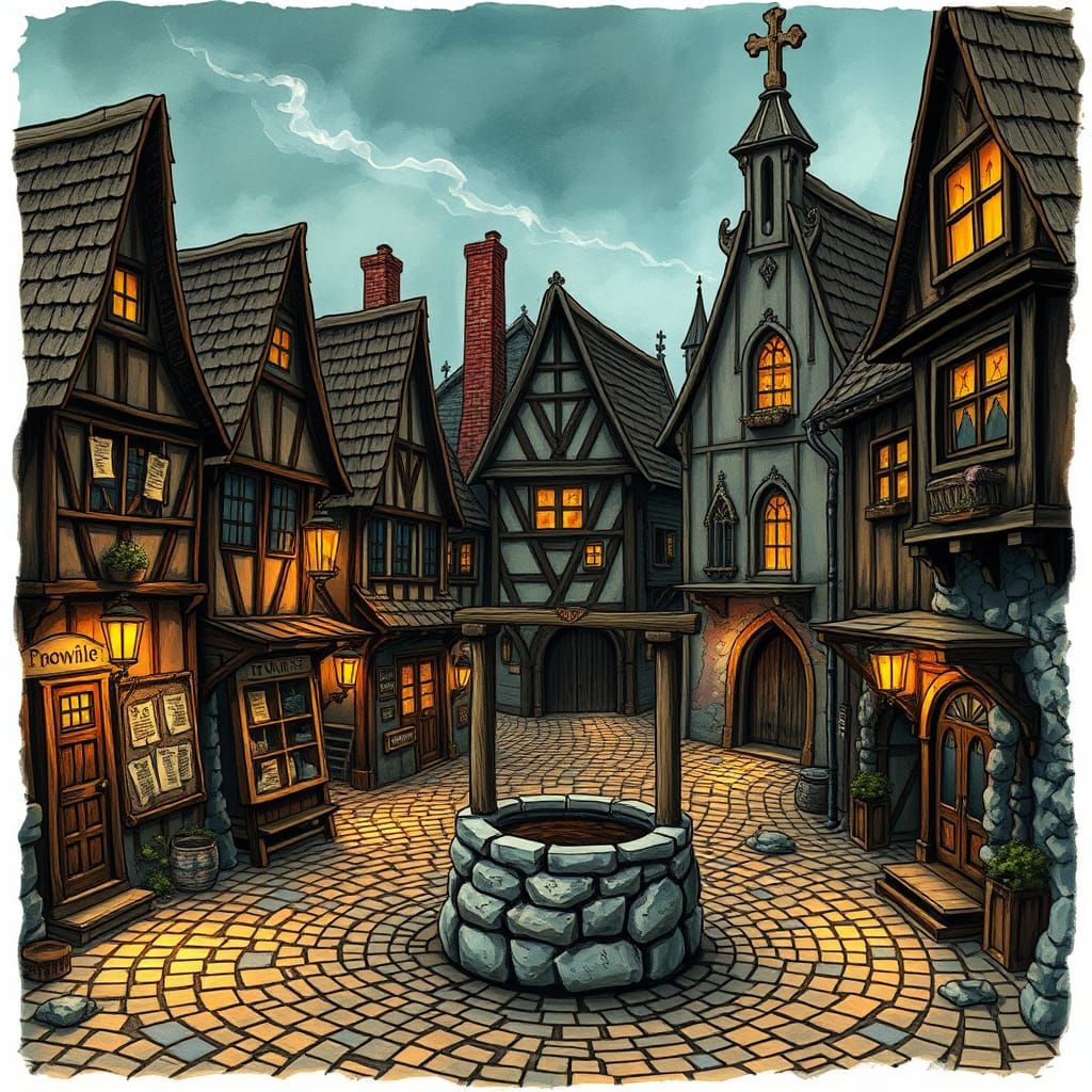 Whimsical Medieval Townscape in Folk Art Style