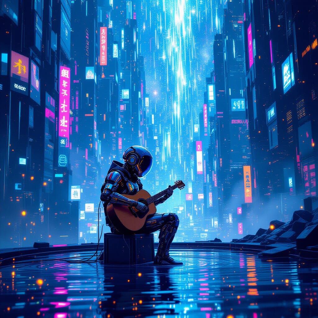 Cyborg Musician in a Cyberpunk Space City