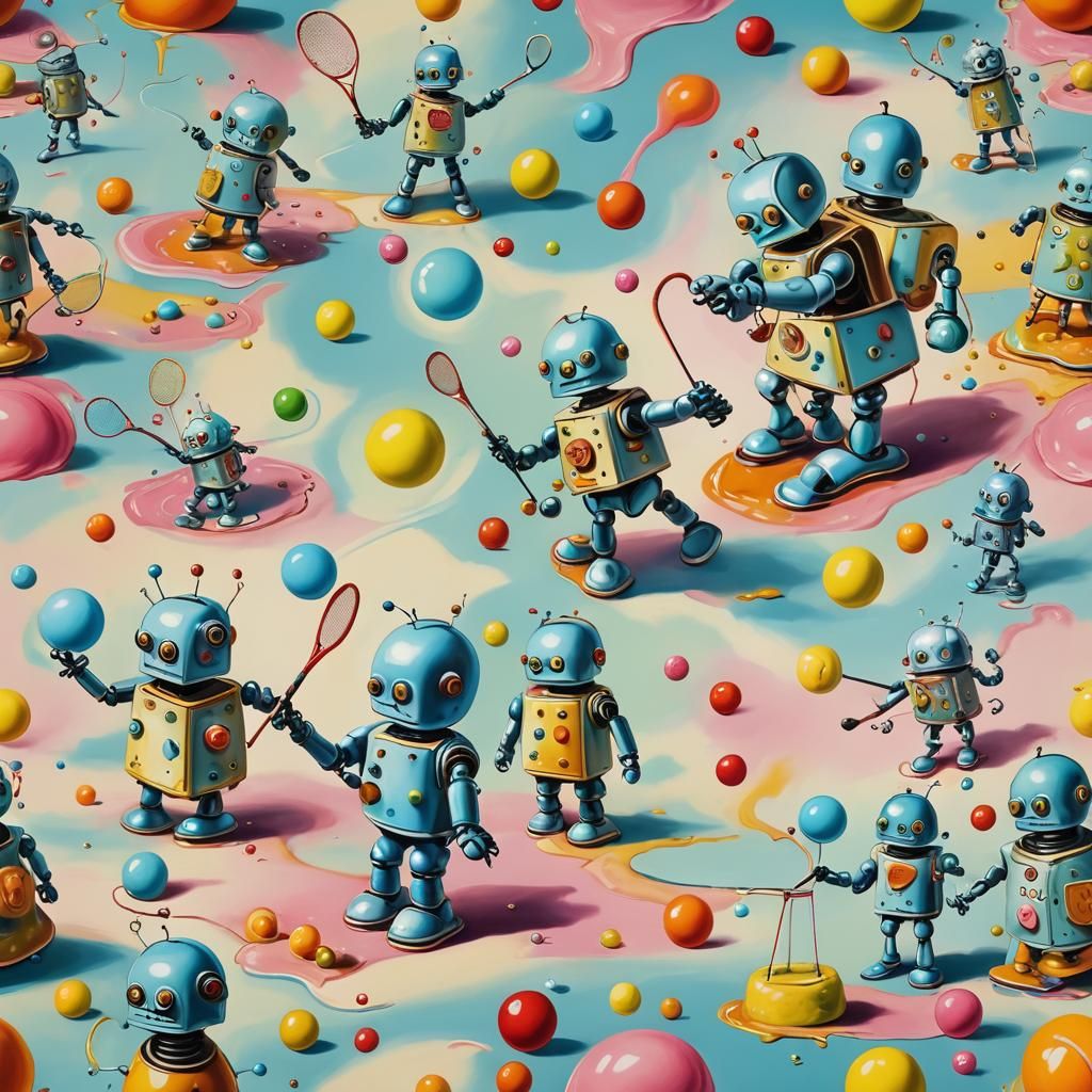 Surreal Robots Playing Tennis in Candyland