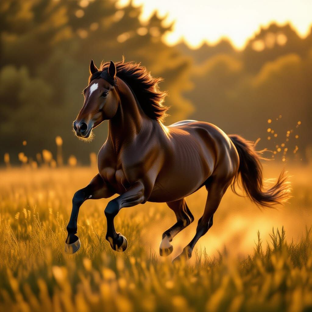 Majestic Horse Galloping in Sun-Drenched Meadow