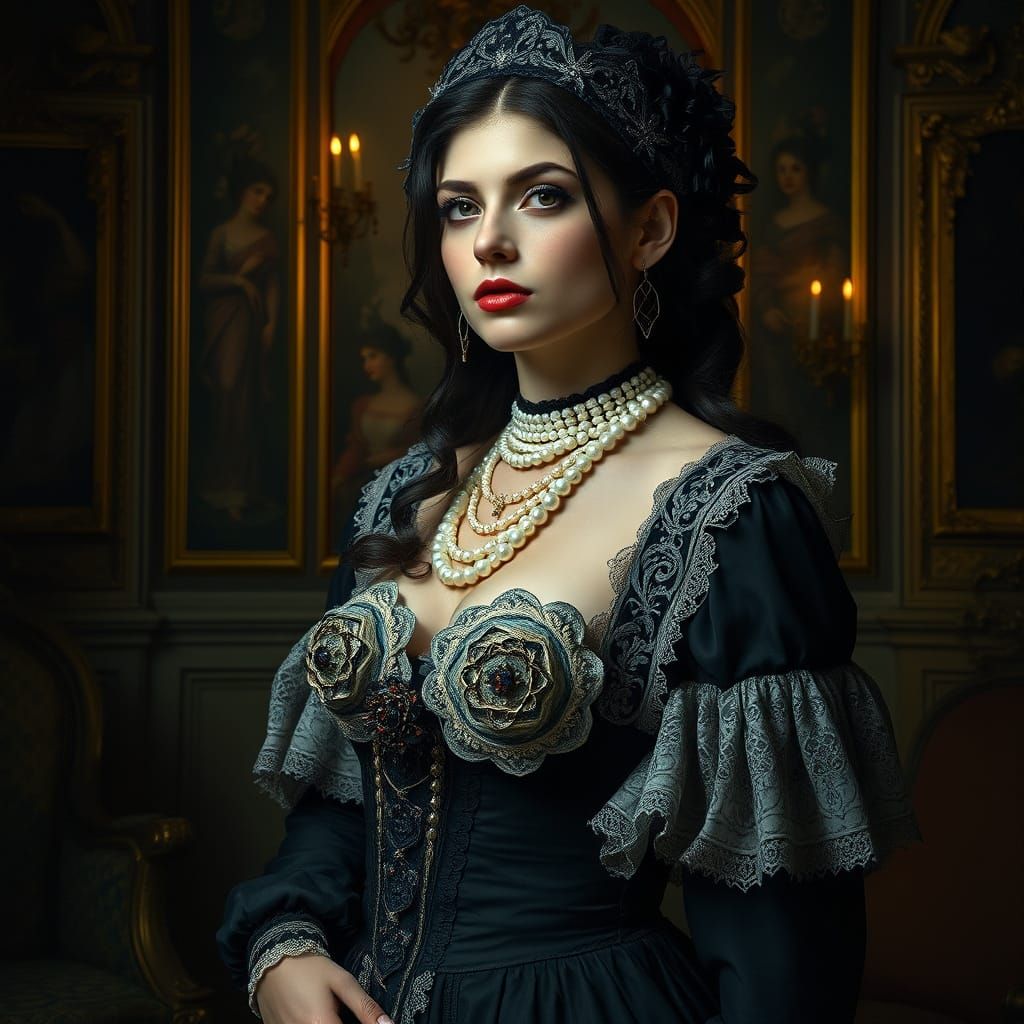 Goth Woman in Renaissance Portrait with Victorian Attire