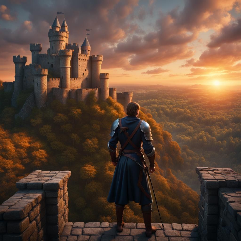 Archer Guarding Castle at Sunset: Fantasy Concept Art