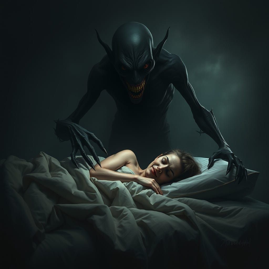 Dark Figure Watches Over Serene Sleeper in Macabre Shadow