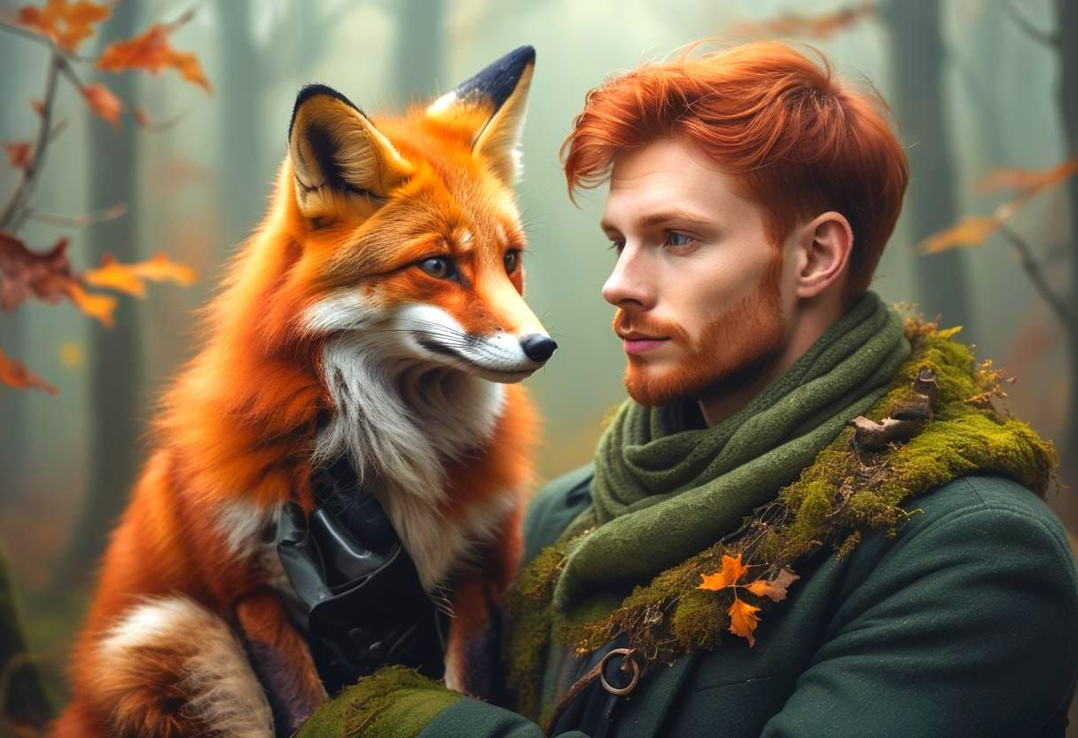 Redhead Man and Fox in Autumn Oil Painting