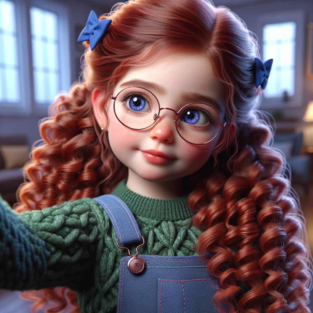 7 year old girl with long red curly hair big blue eyes and r...