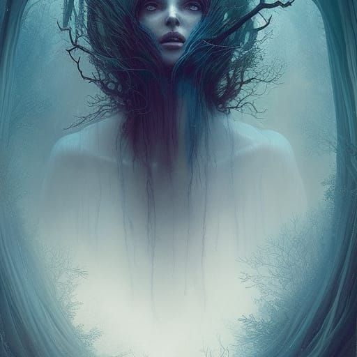 Ethereal Woman Transforms into Tree: Detailed Digital Art