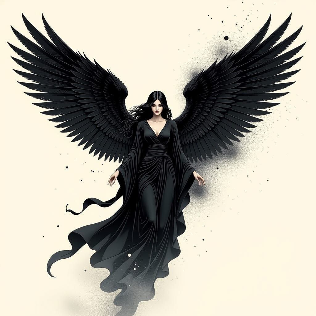 Cosmic Black Angel in Ink Drawing Style