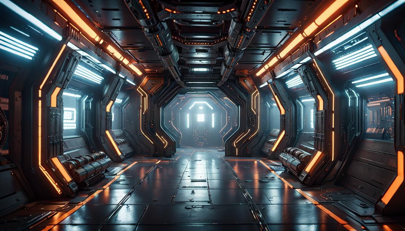 spaceship corridor interior, no people. intricate mech details, ground level shot, 8K resolution, Cinema 4D, Behance HD,...