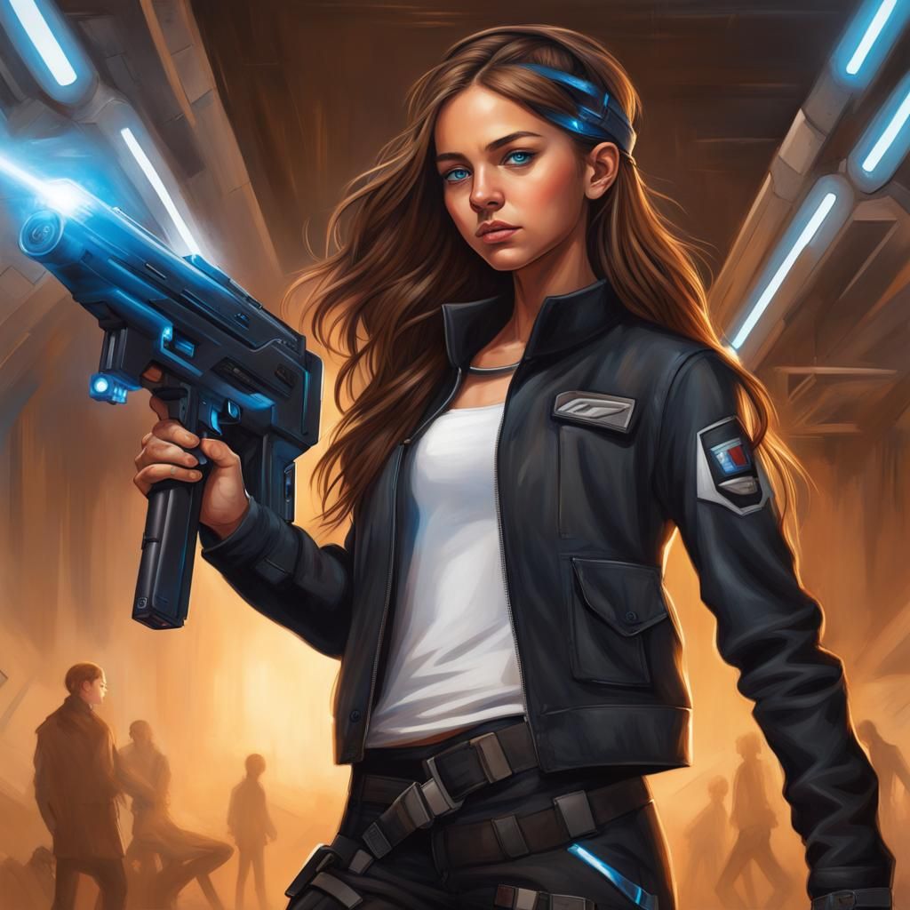 Realistic Teenage Girl with Futuristic Laser Tag Gun
