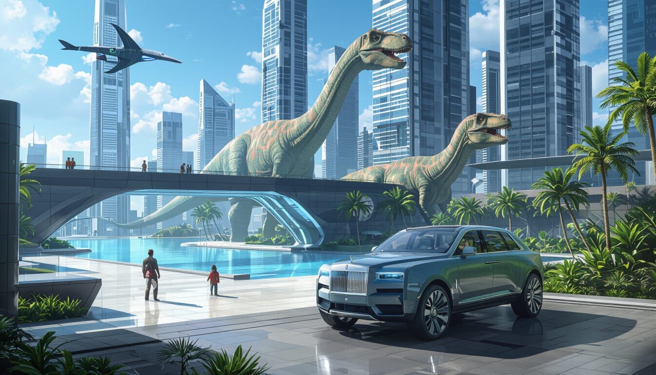 Futuristic 4x4 and Dinosaur in Jungle City
