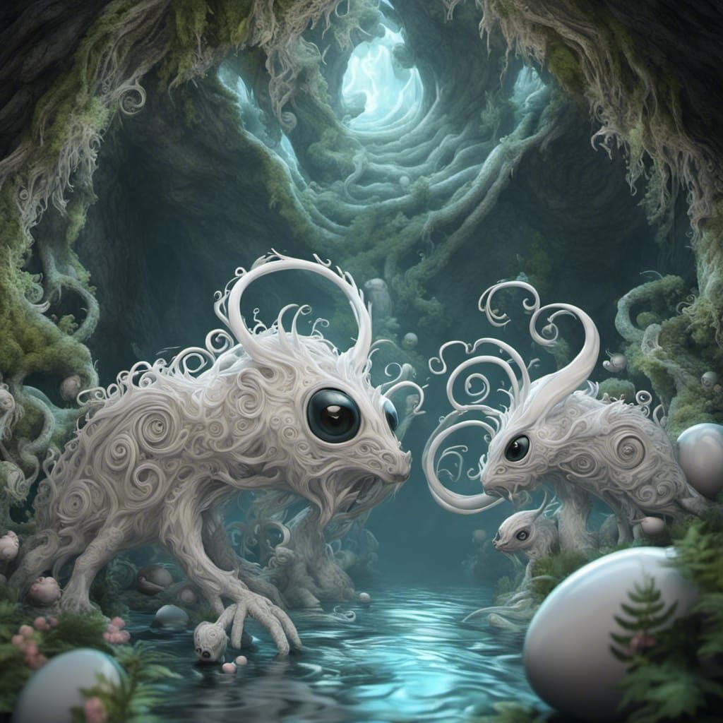 Cave Alien Mother and Babies in 3D