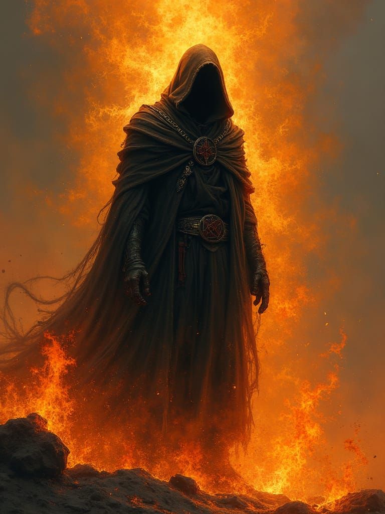 Mysterious Fiery Figure in Dark Fantasy Style