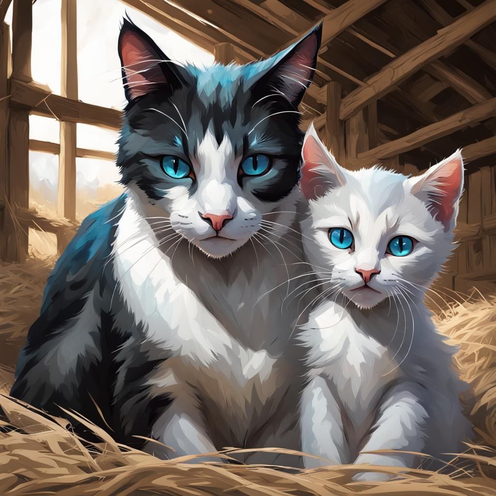 Mother Cat and Kittens in Barn, Detailed Digital Art