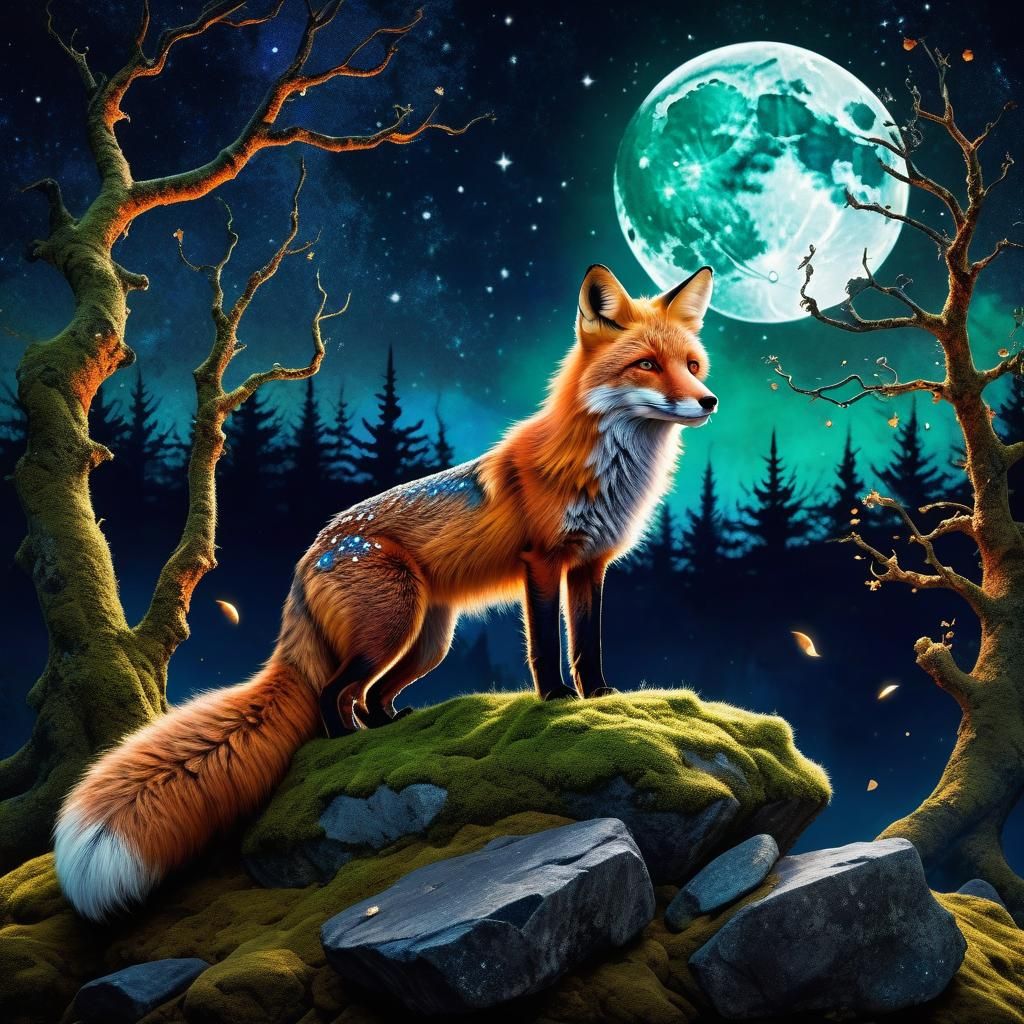 Mystical Fox Under Indigo Night Sky