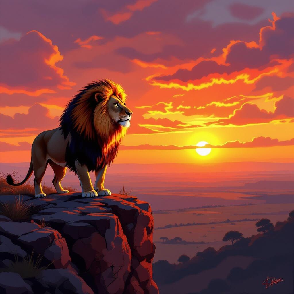 Lion with Fiery Mane on Savanna Cliff