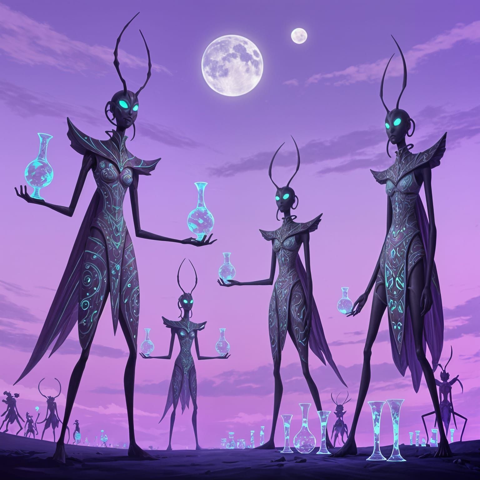 Insectoid Merchants Display Kinetic Glassware Under Twin Moo...