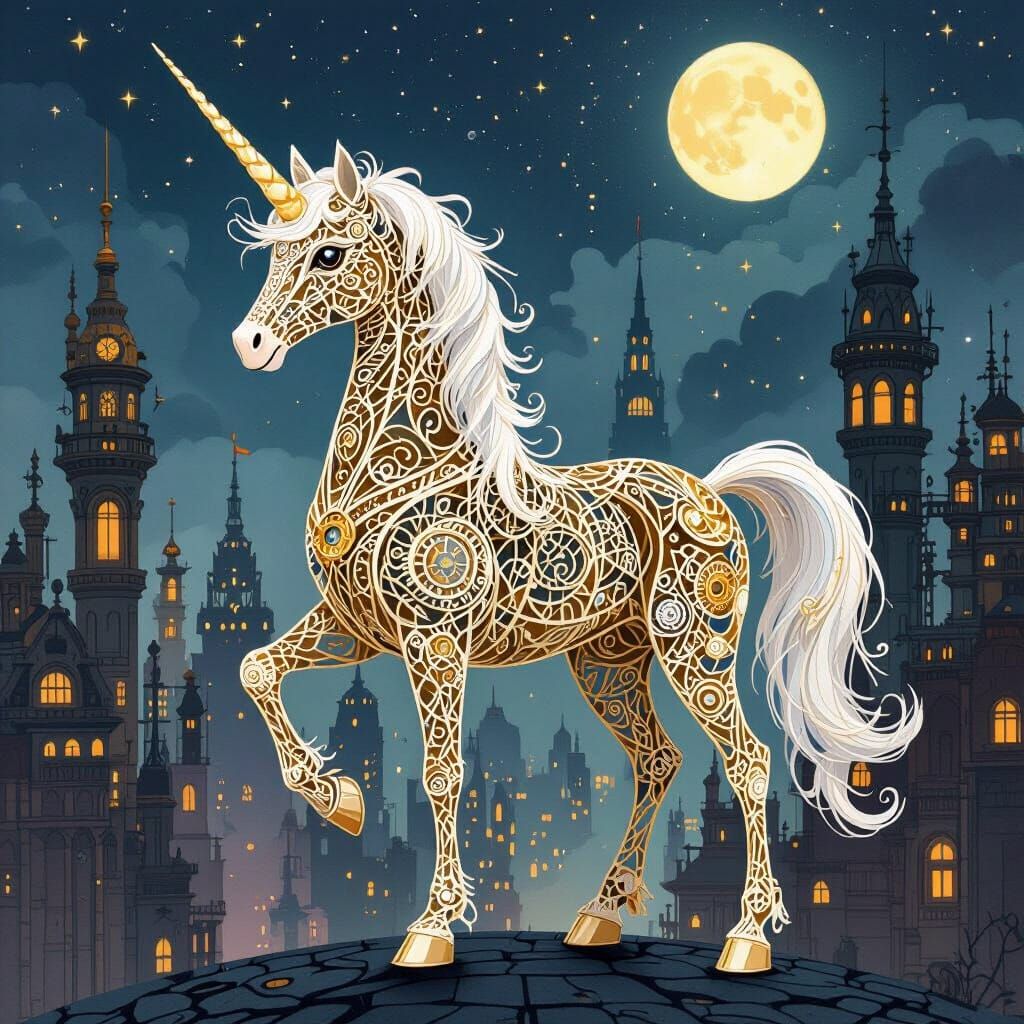 Gold Filigree Unicorn in Steampunk City, Watercolor Style